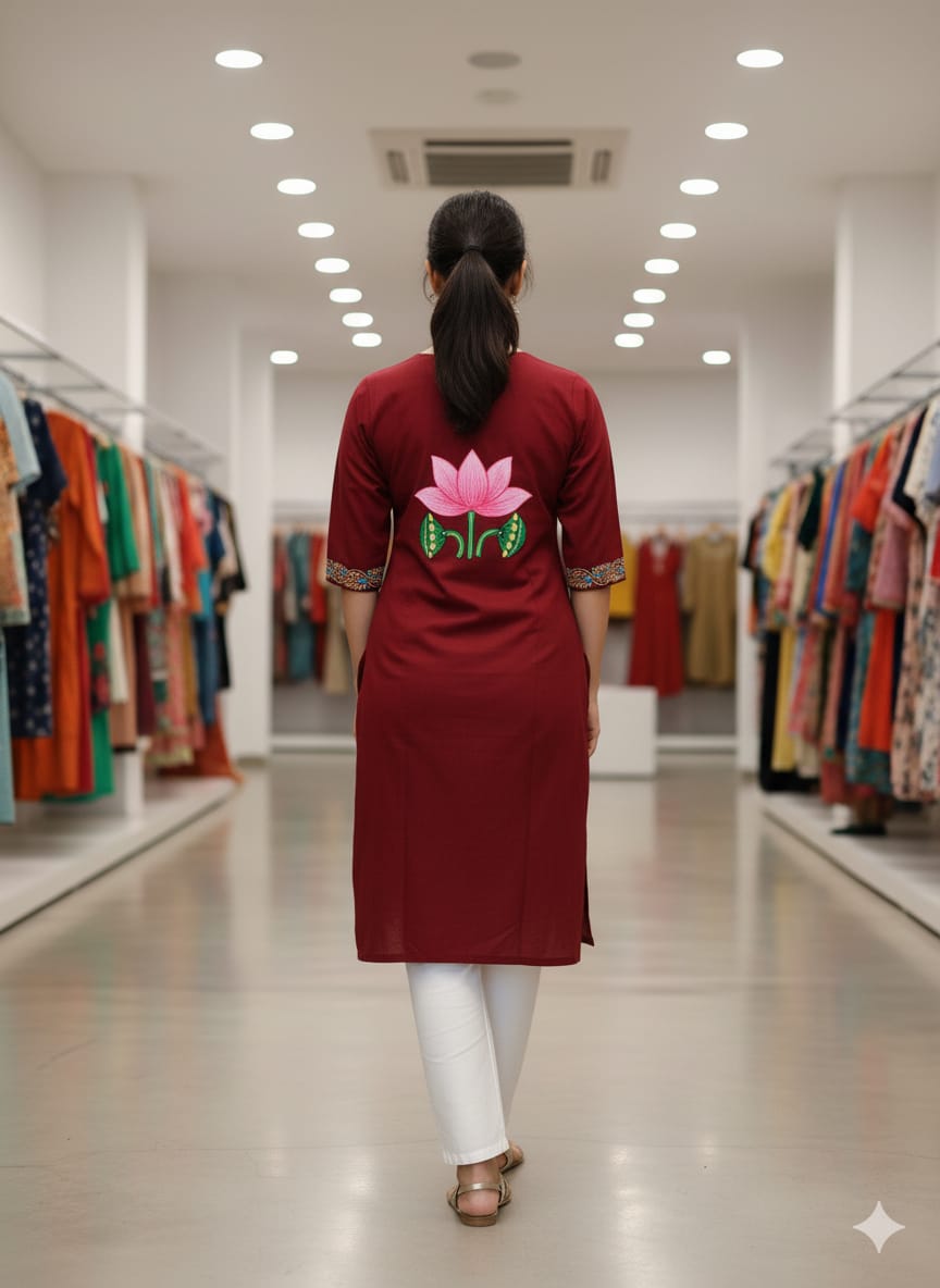 Maroon Mastya Kanya Theme Hand Painted Pattachitra Kurti