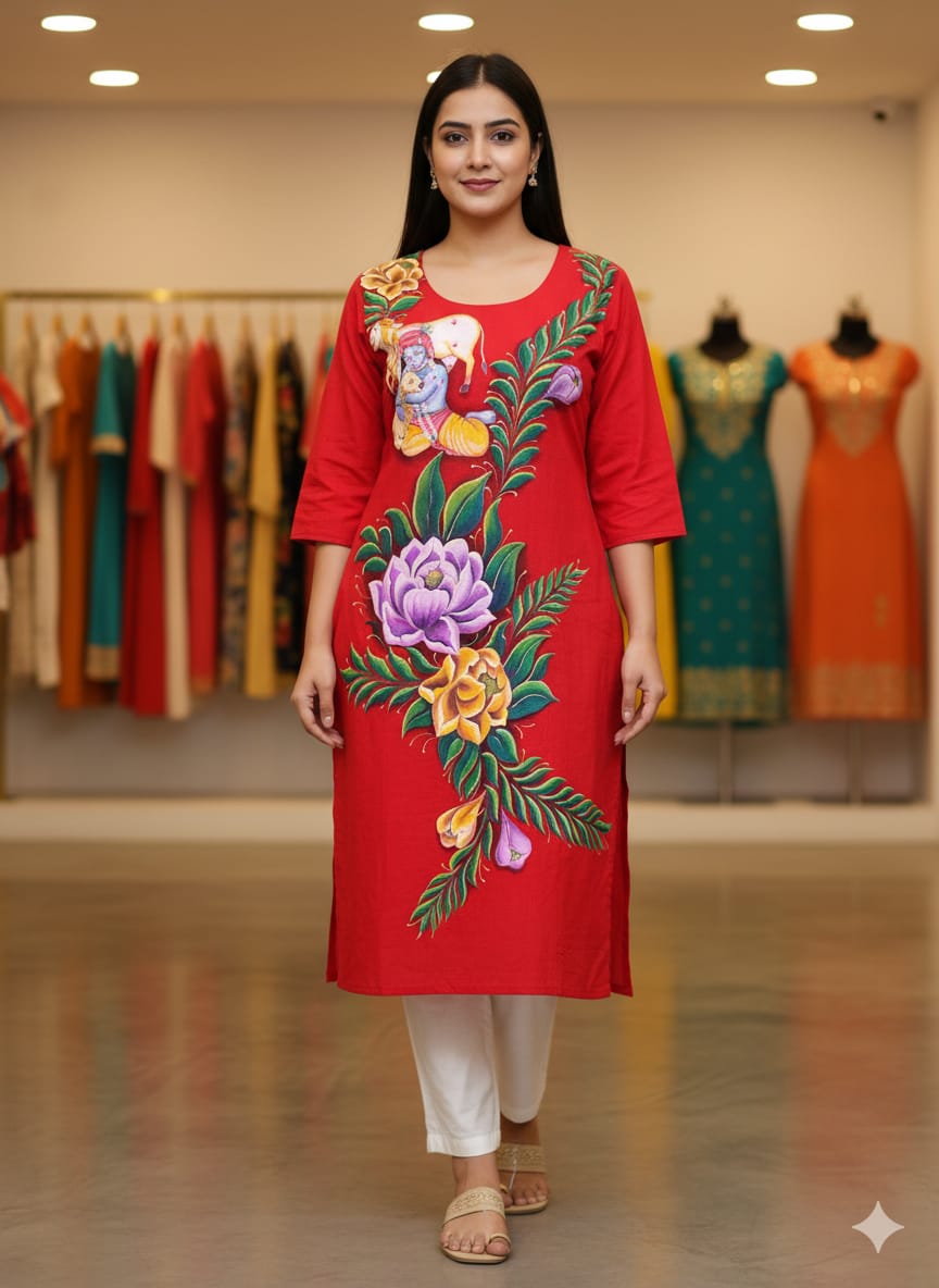 Red Pichwai Theme Hand Painted Pattachitra Kurti