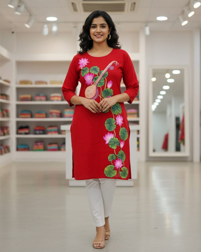 Red Lotus And Bina Theme Hand Painted Pattachitra Kurti