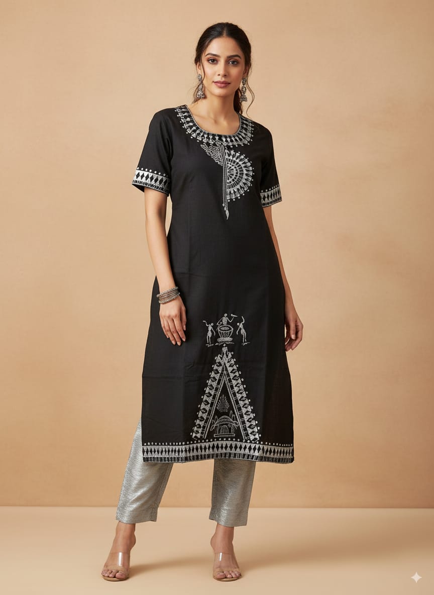 Black Silver Tribal Art Theme Hand Painted Pattachitra Kurti