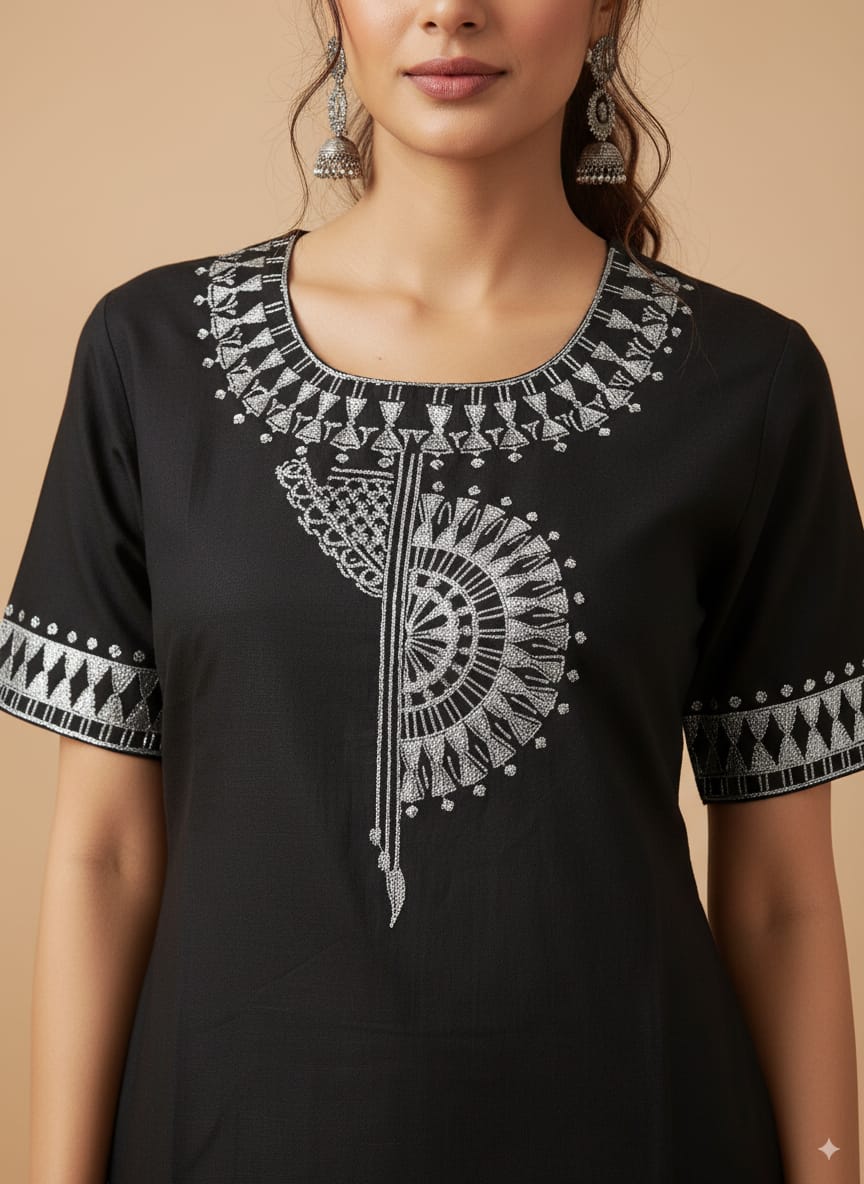 Black Silver Tribal Art Theme Hand Painted Pattachitra Kurti