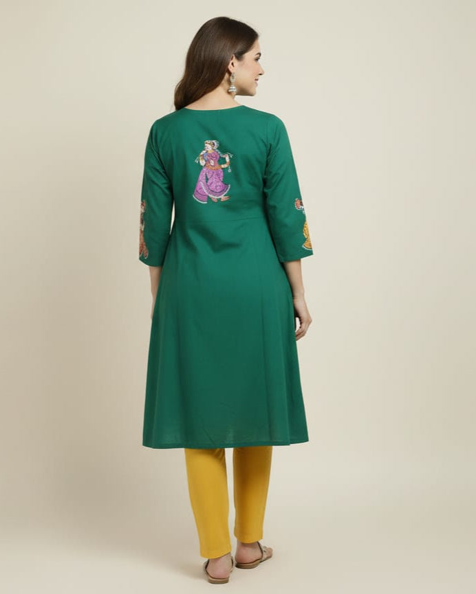 Sea Green Konark Wheel And Dancer Theme Hand Painted Pattachitra Kurti