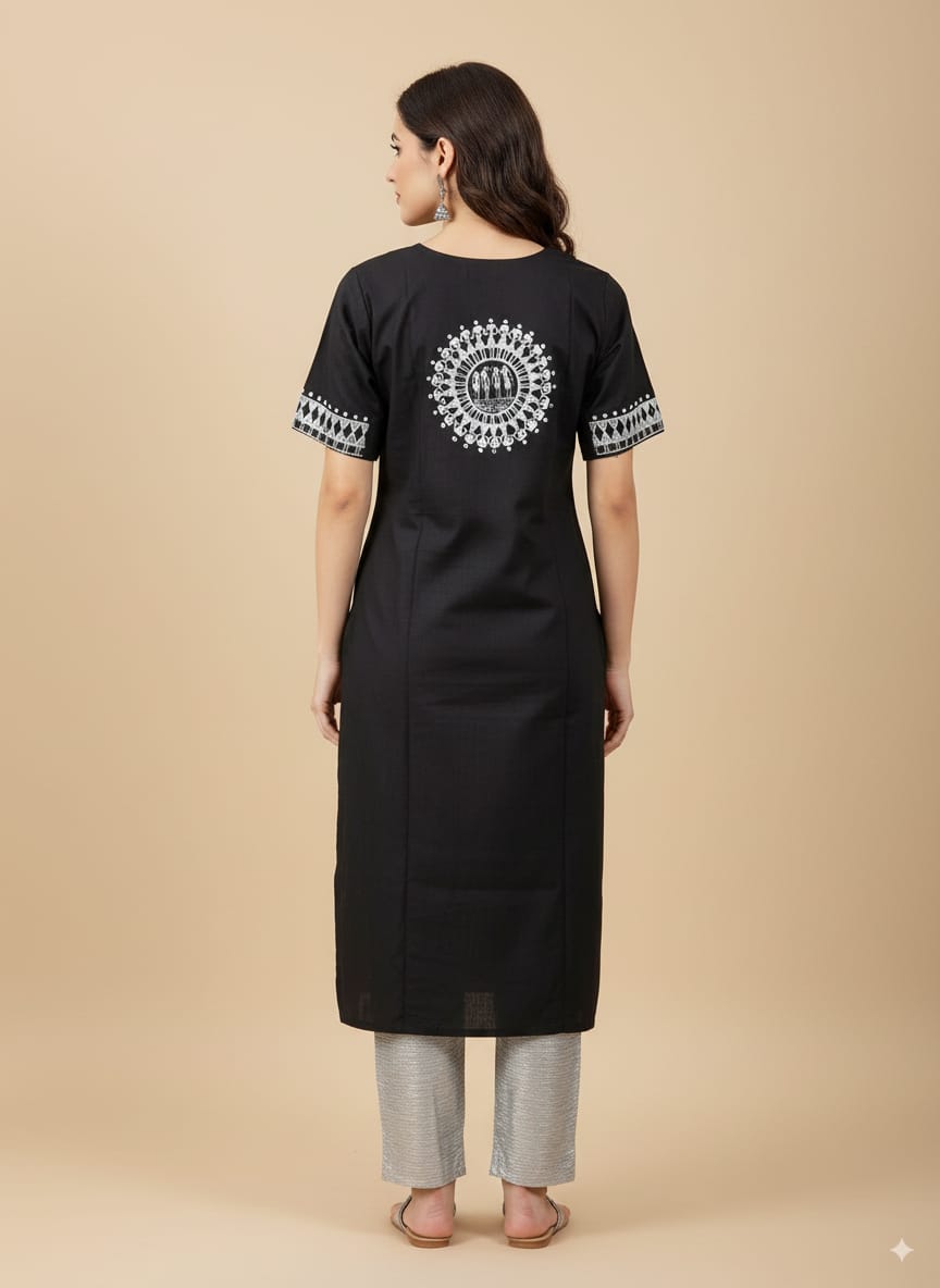 Black Silver Tribal Art Theme Hand Painted Pattachitra Kurti