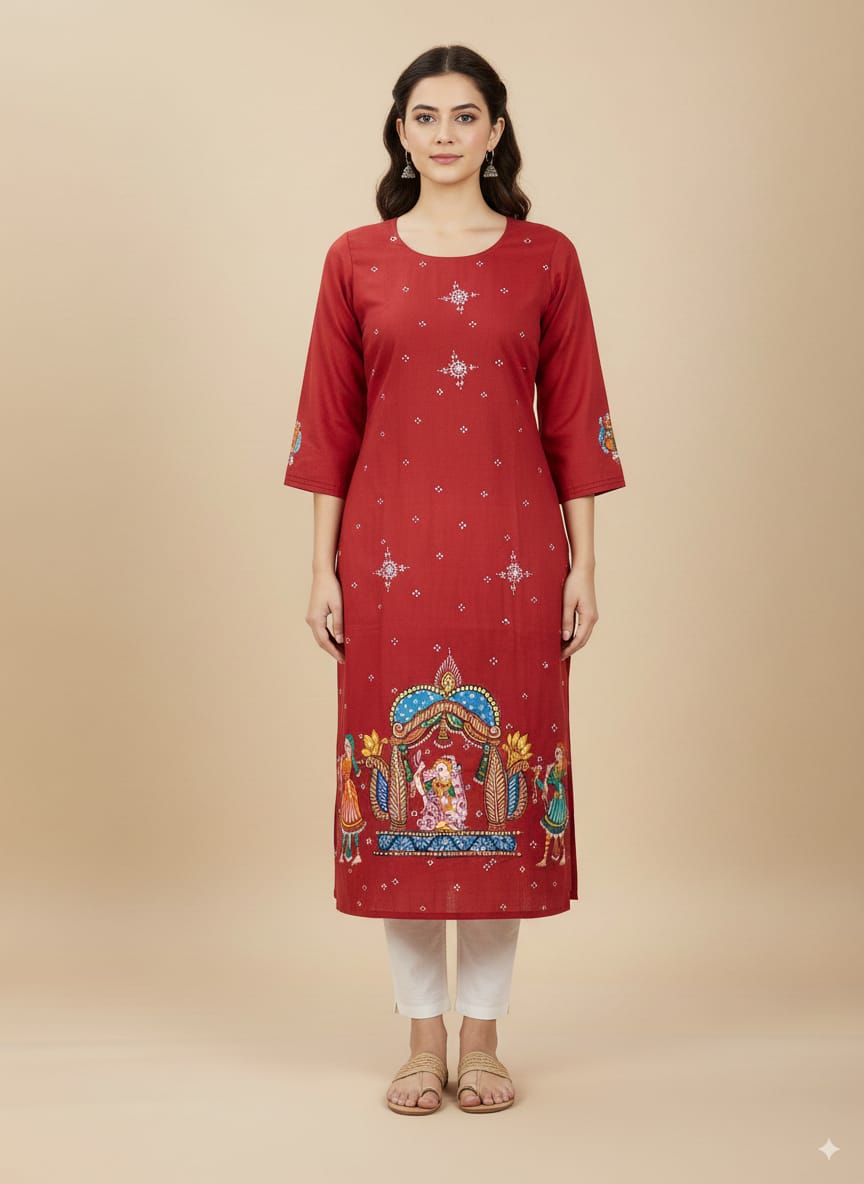 Red Marriage Theme Hand Painted Pattachitra Kurti