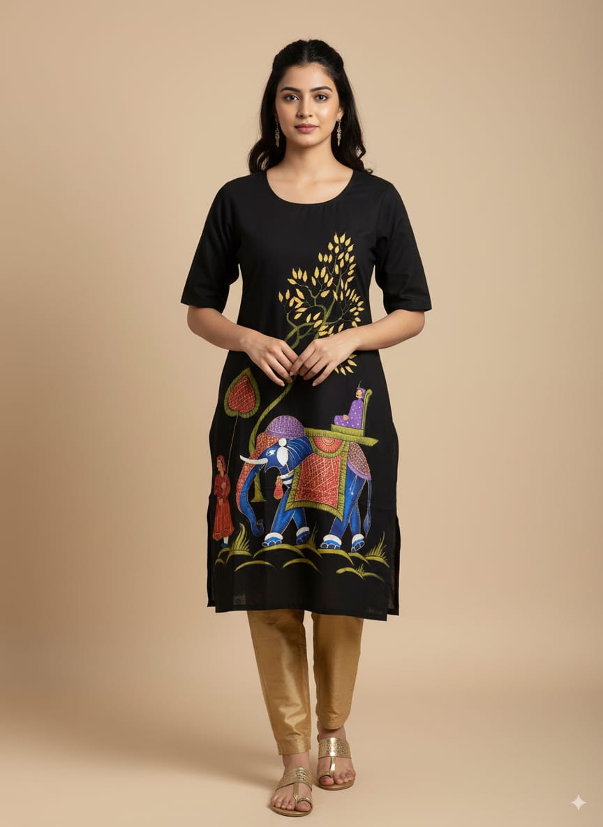 Black Ashoka Theme Hand Painted Pattachitra Kurti