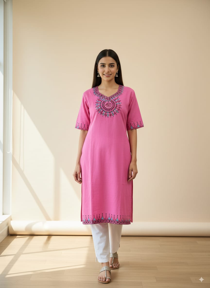 Pink Tribal Theme Odisha Hand Painted Pattachitra Kurti