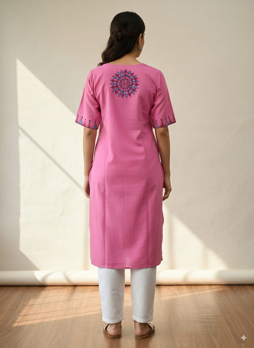 Pink Tribal Theme Odisha Hand Painted Pattachitra Kurti