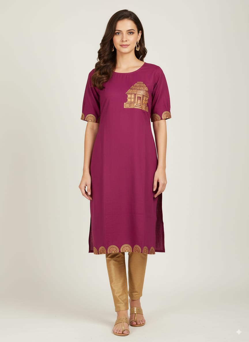 Purple Konark Temple Theme Hand Painted Pattachitra Kurti