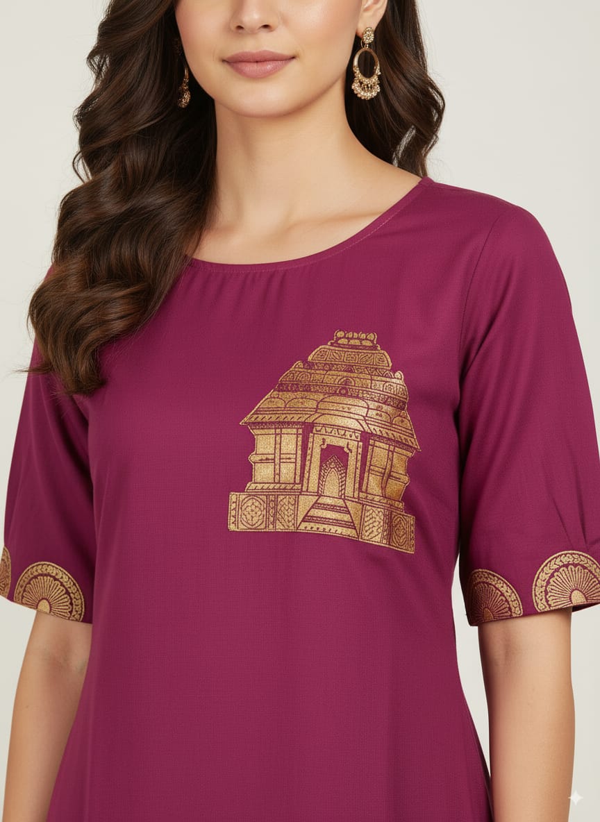Purple Konark Temple Theme Hand Painted Pattachitra Kurti