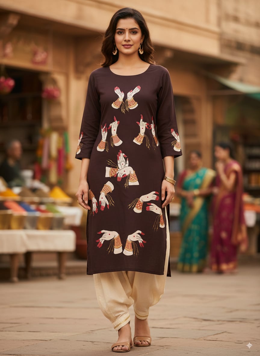 Maroon Odishi Mudra Theme Hand Painted Pattachitra Kurti
