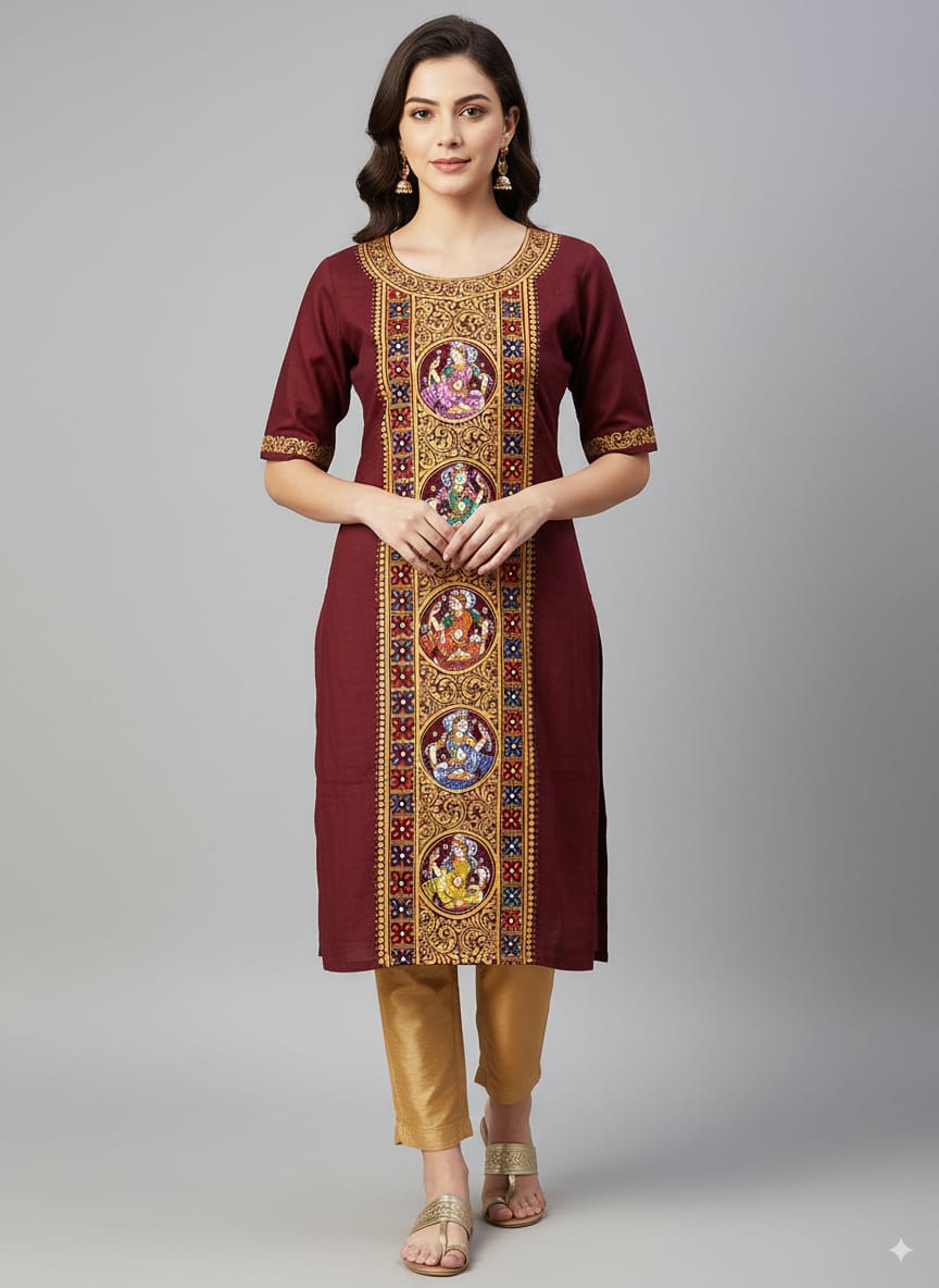 Maroon Dancer Theme Hand Painted Pattachitra Kurti