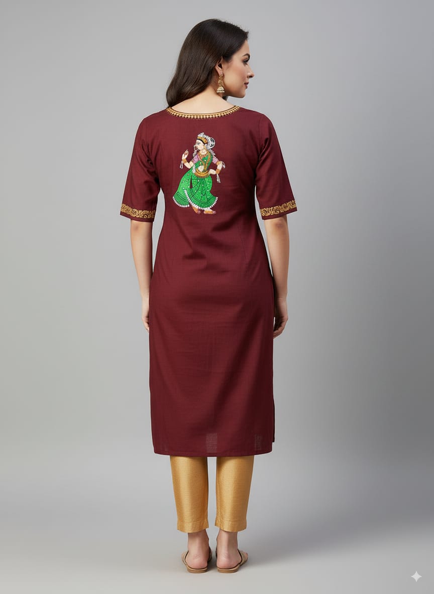 Maroon Dancer Theme Hand Painted Pattachitra Kurti