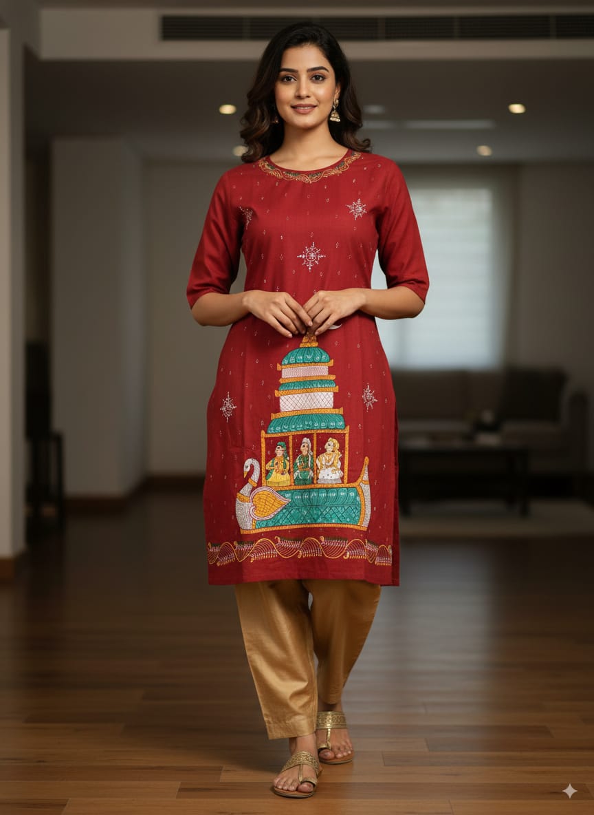 Red Boita Bandan Theme Hand Painted Pattachitra Kurti