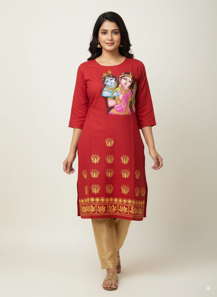 Red Krishna Jasoda Mordern Art Hand Painted Pattachitra Kurti