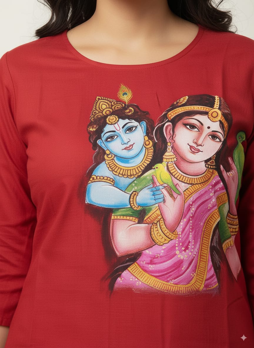 Red Krishna Jasoda Mordern Art Hand Painted Pattachitra Kurti