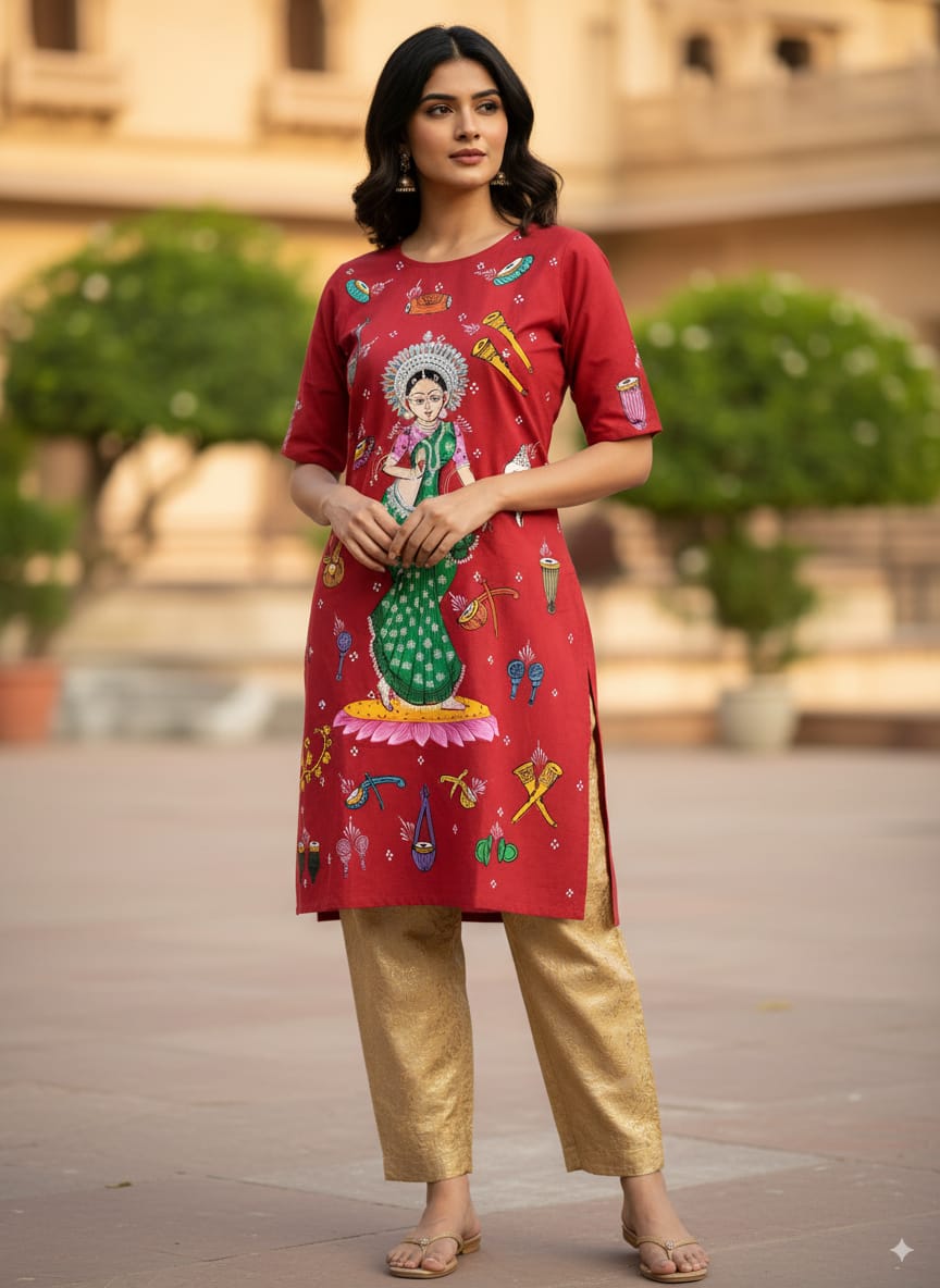 Red Green Dancer And Musical Instrument Theme Hand Painted Pattachitra Kurti