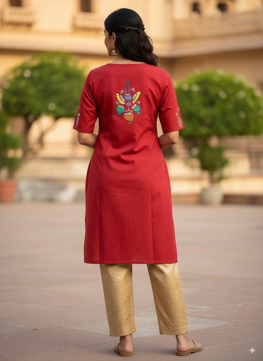 Red Green Dancer And Musical Instrument Theme Hand Painted Pattachitra Kurti