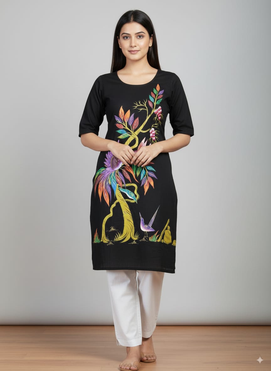 Black Birds And Tree Morden Art Theme Hand Painted Pattachitra Kurti