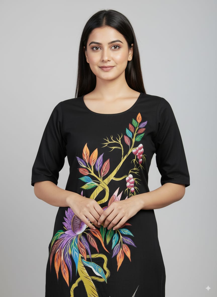 Black Birds And Tree Morden Art Theme Hand Painted Pattachitra Kurti