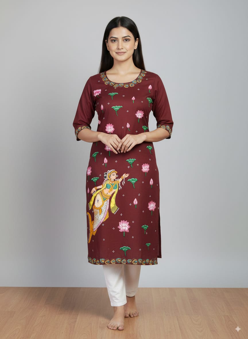 Maroon Mastya Kanya And LotusTheme Hand Painted Pattachitra Kurti