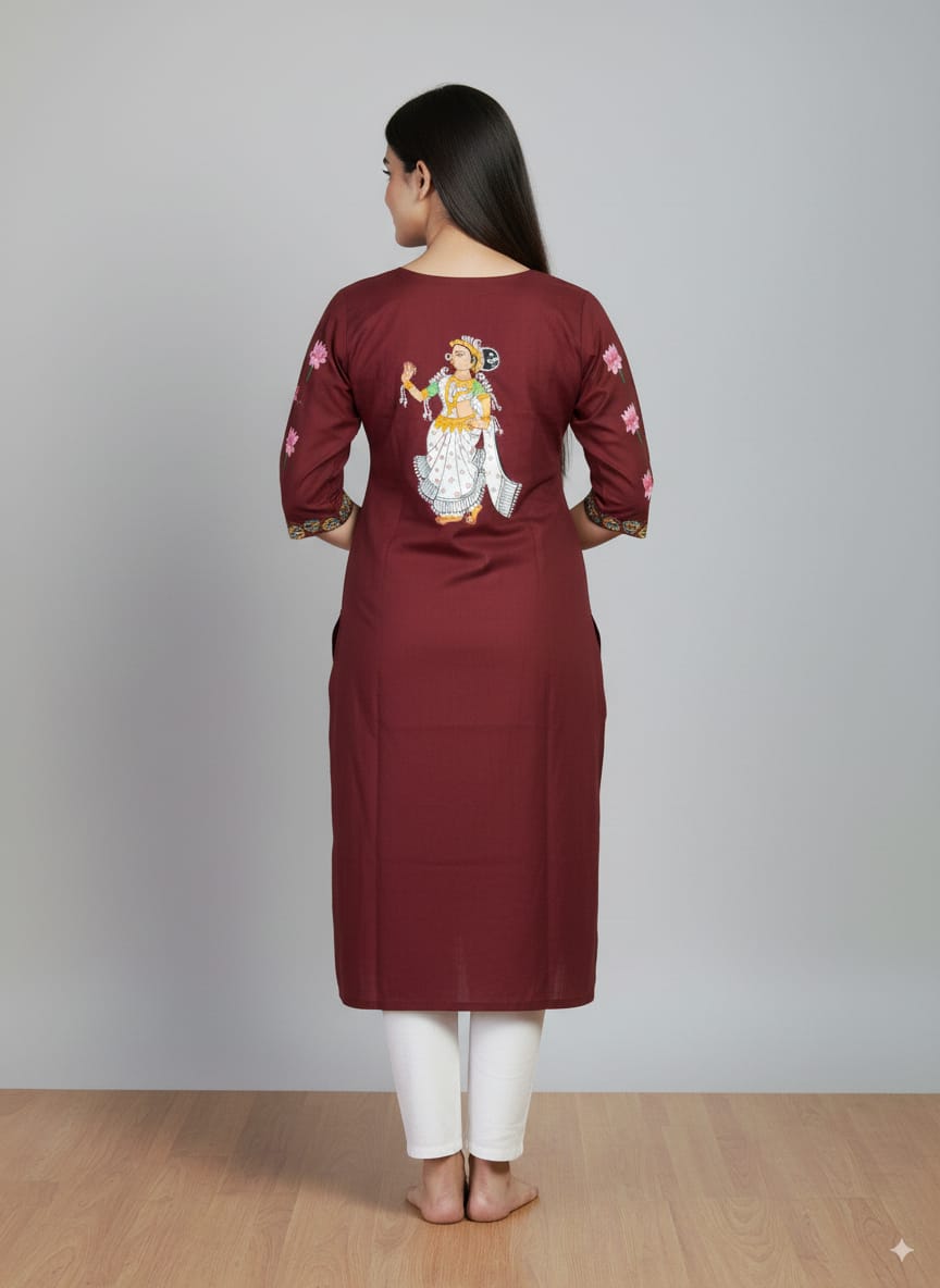 Maroon Mastya Kanya And LotusTheme Hand Painted Pattachitra Kurti
