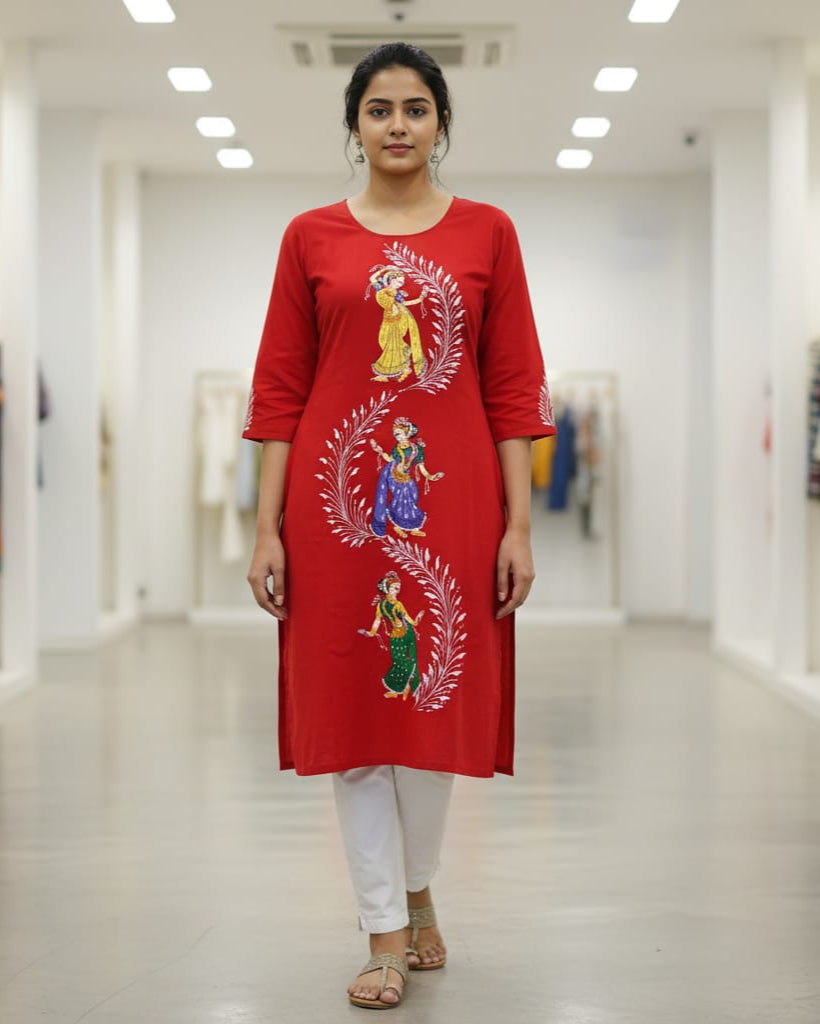 Red Dancer Theme Hand Painted Pattachitra Kurti