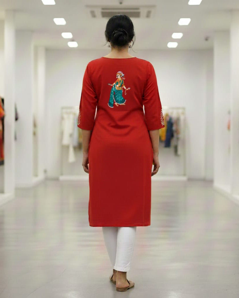 Red Dancer Theme Hand Painted Pattachitra Kurti