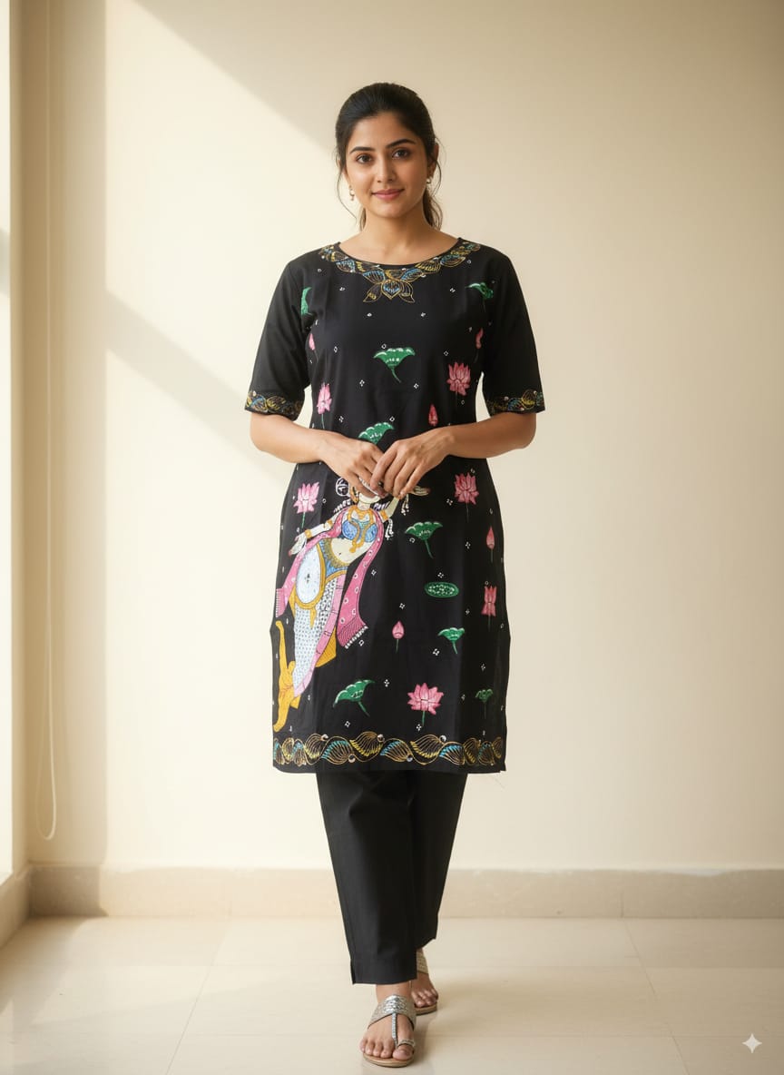 Black Mastya Kanya Theme Hand Painted Pattachitra Kurti