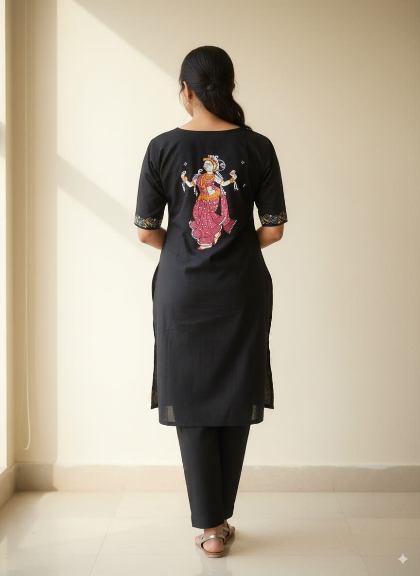 Black Mastya Kanya Theme Hand Painted Pattachitra Kurti