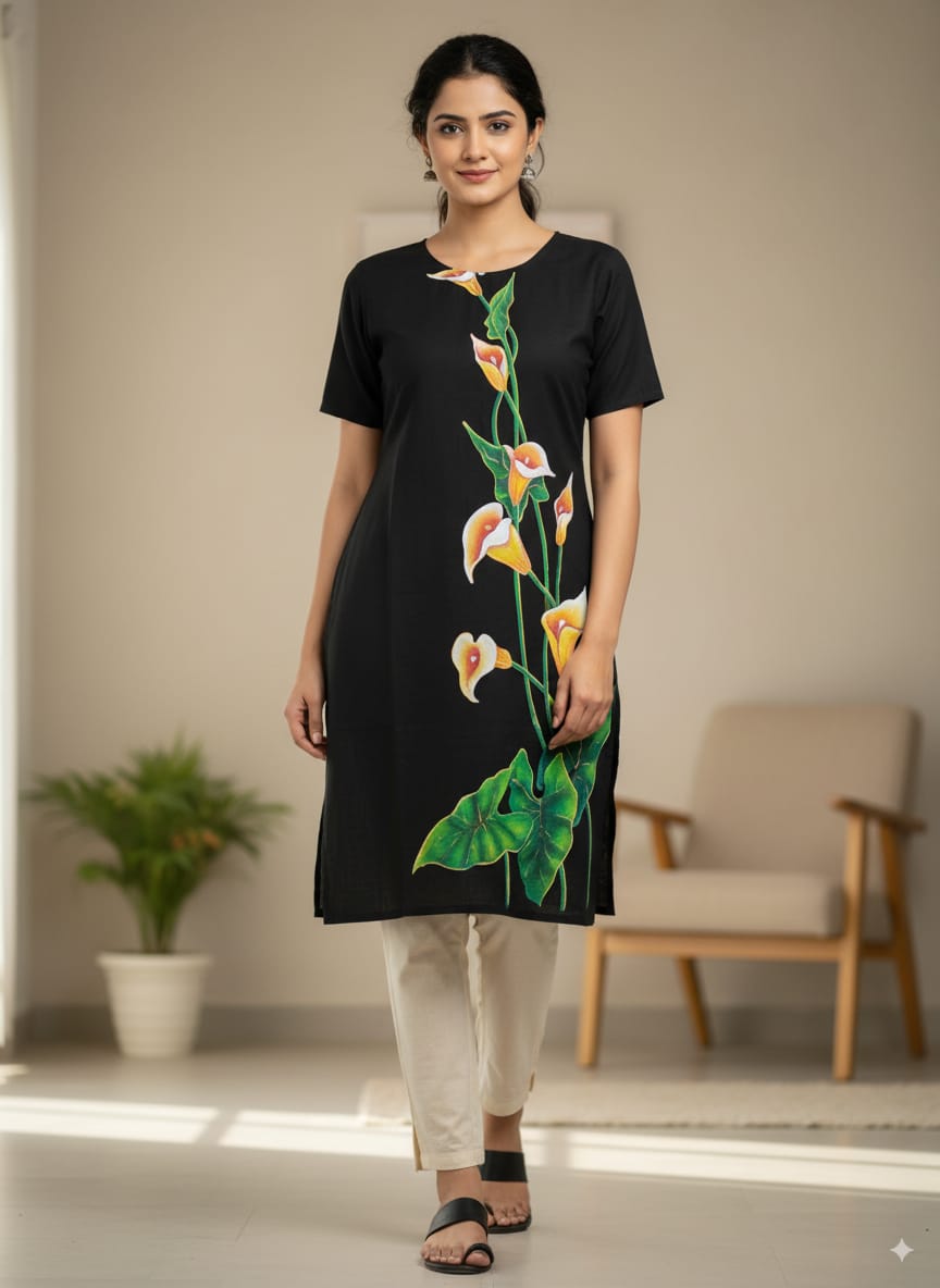 Black Fower Morden Art Hand Painted Pattachitra Kurti