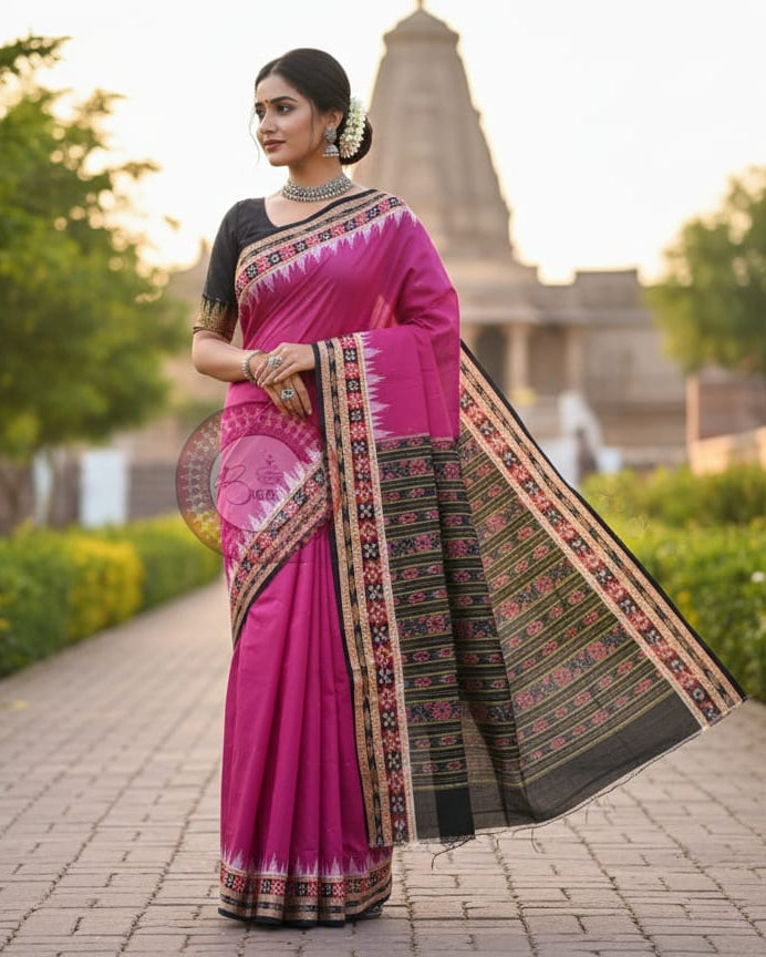 Magenta Black Buti Pasapali Handloom Sambalpuri Cotton Saree