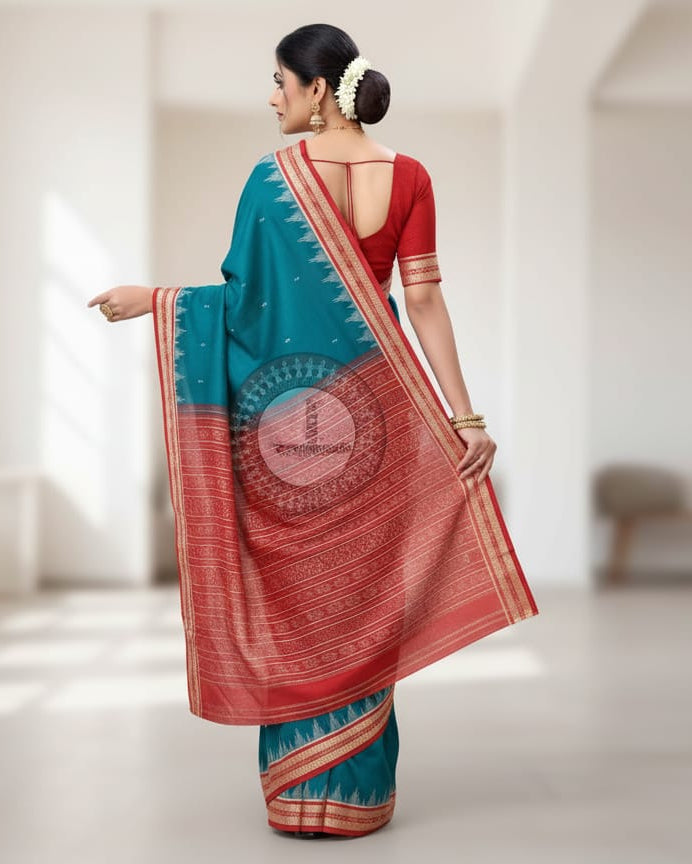 Teal Blue Maroon Buti Handloom Sambalpuri Cotton Saree