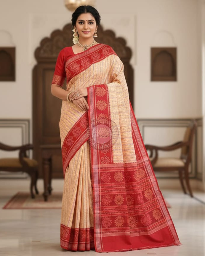 Peach Red Dhan Patri Design Odisha Handloom Sambalpuri Cotton Saree