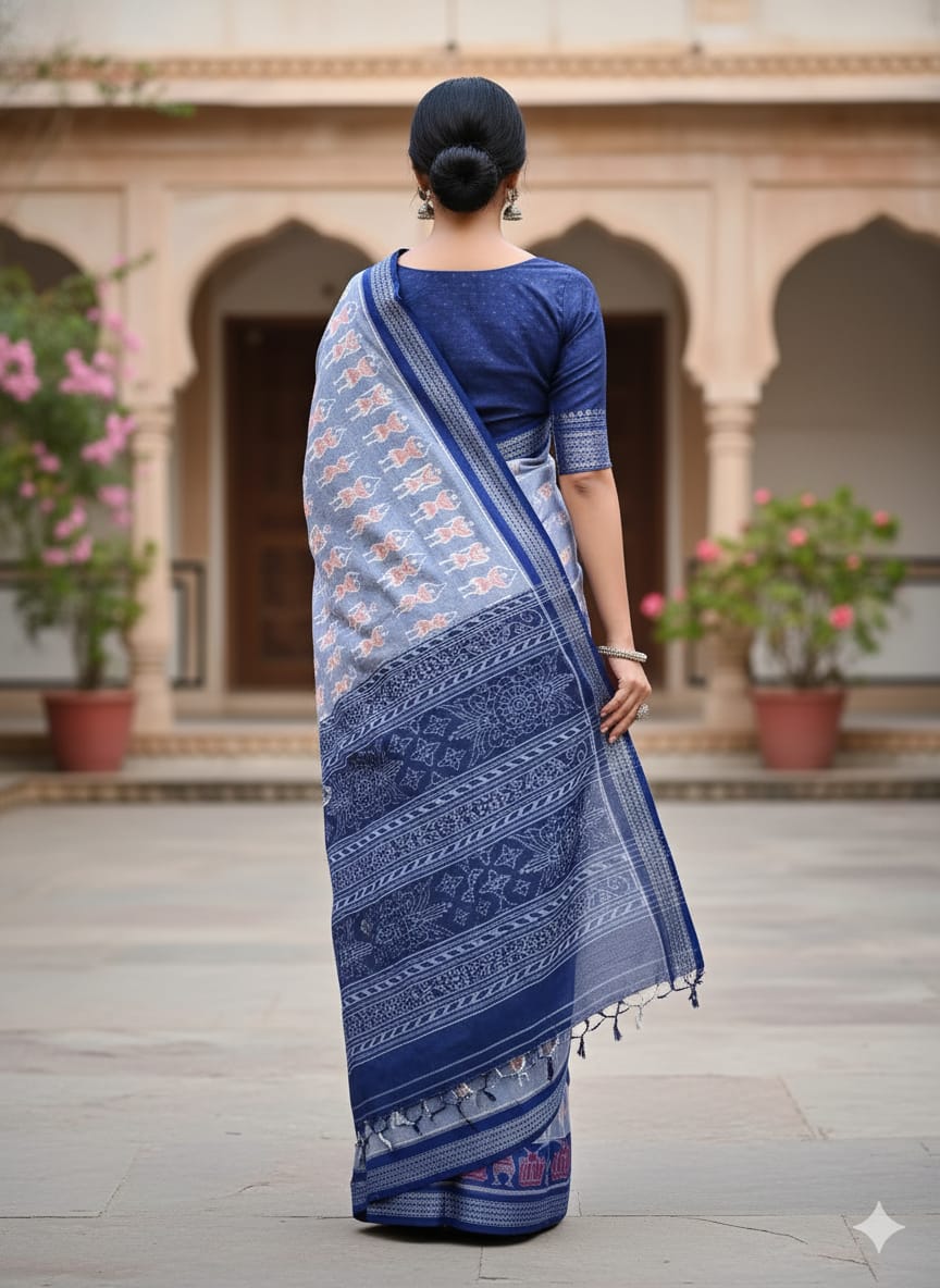 Ink Blue Blue Dancer Odisha Handloom Sambalpuri Cotton Saree