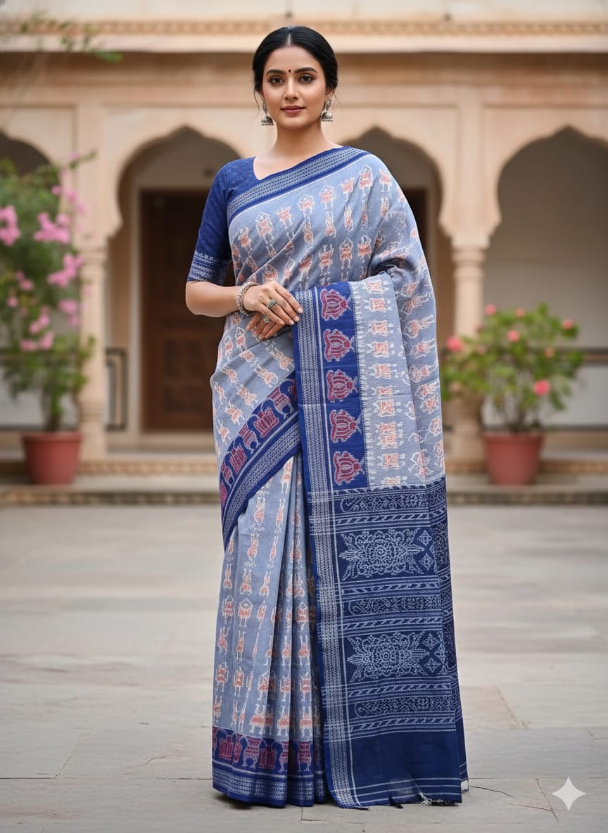 Ink Blue Blue Dancer Odisha Handloom Sambalpuri Cotton Saree