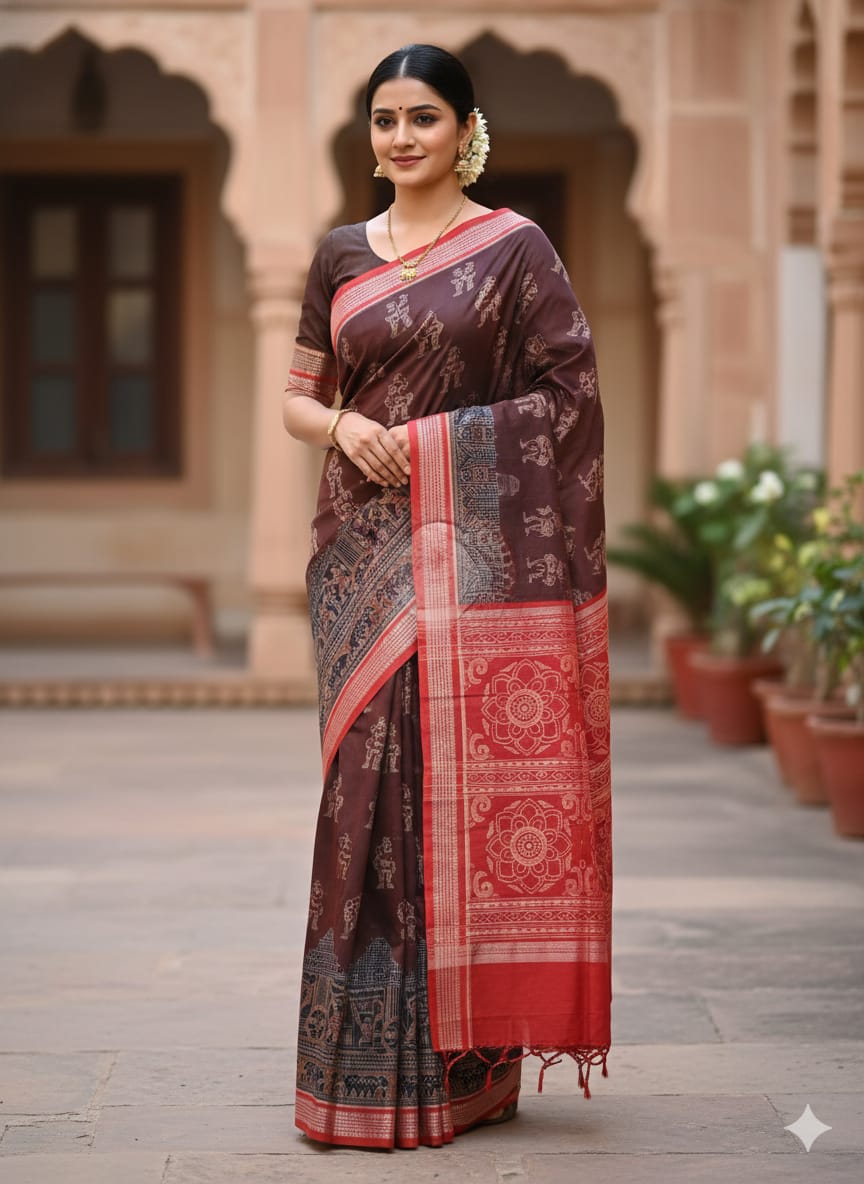 Maroon Red Scot Konark Temple and Dancer Odisha Handloom Sambalpuri Cotton Saree