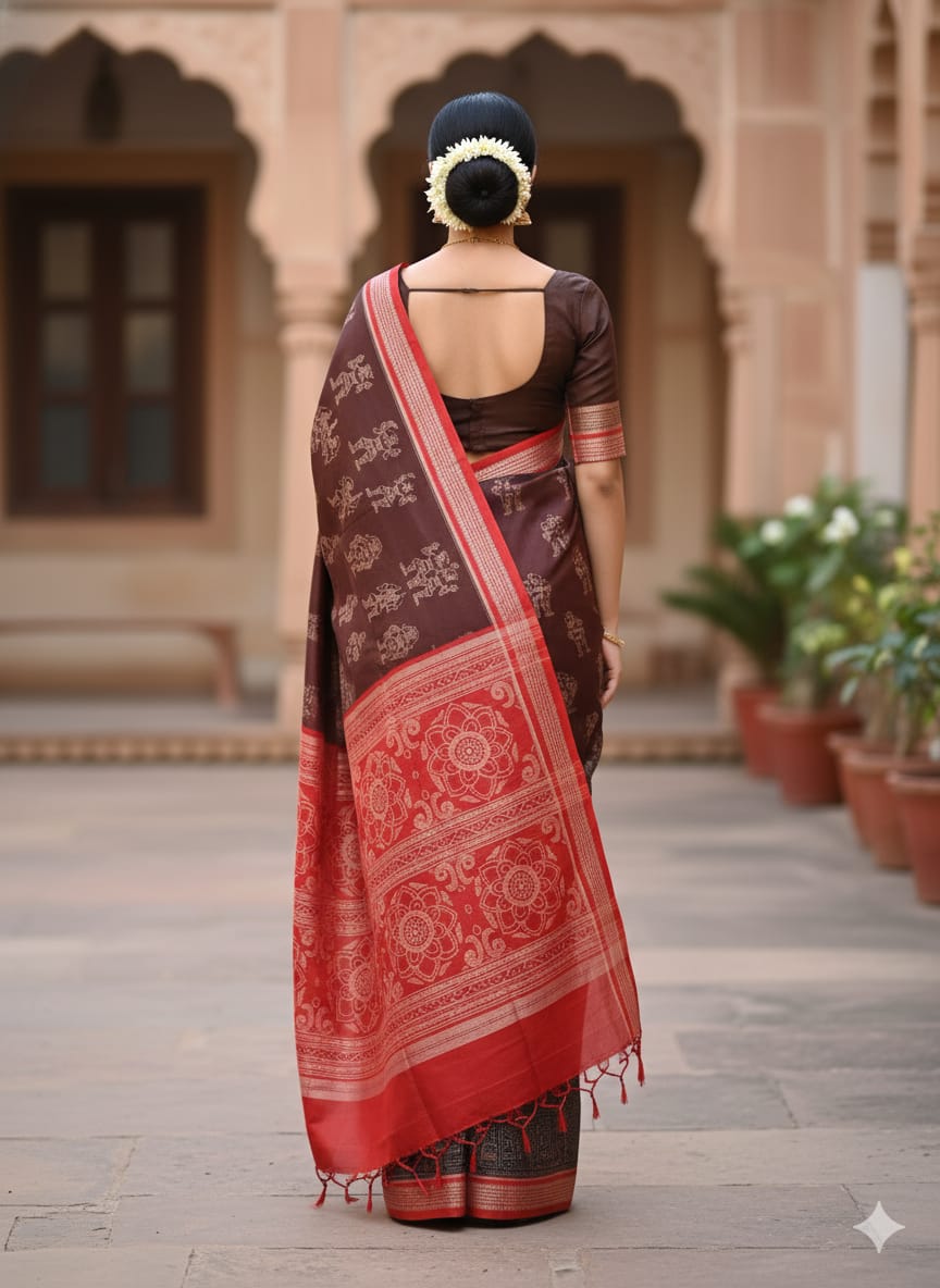 Maroon Red Scot Konark Temple and Dancer Odisha Handloom Sambalpuri Cotton Saree