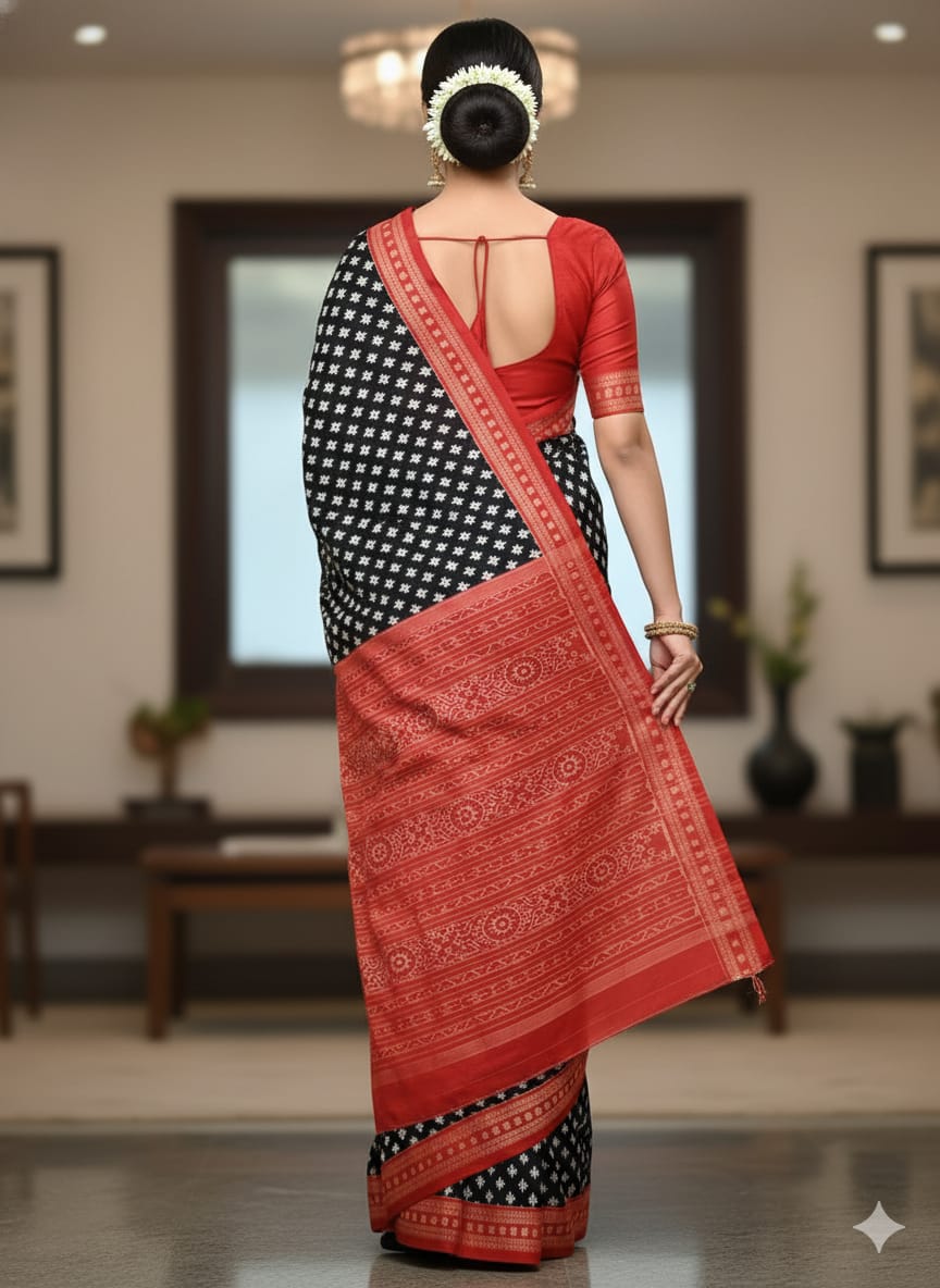 Black Red Pasapali Odisha Handloom Sambalpuri Cotton Saree