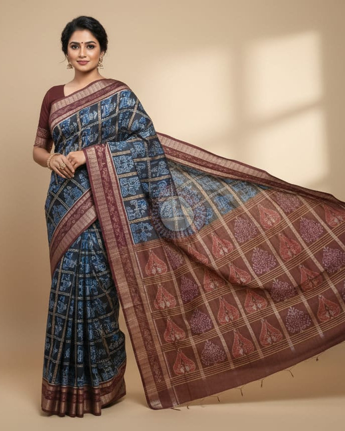 Blue Maroon Elephant Odisha Handloom Sambalpuri Cotton Saree