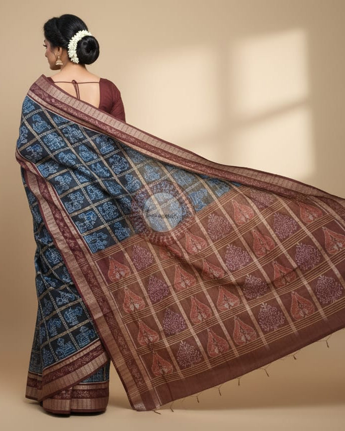 Blue Maroon Elephant Odisha Handloom Sambalpuri Cotton Saree