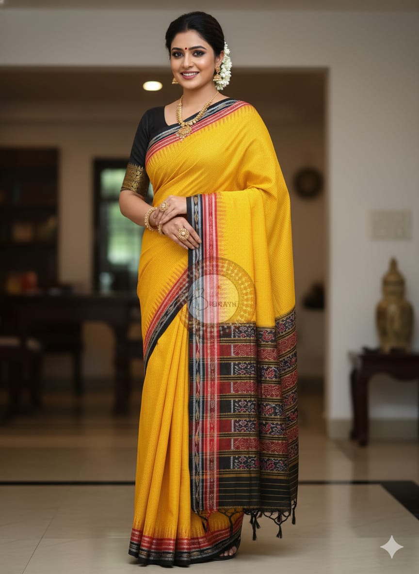 Yellow Black Sachipar Odisha Handloom Sambalpuri Cotton Saree