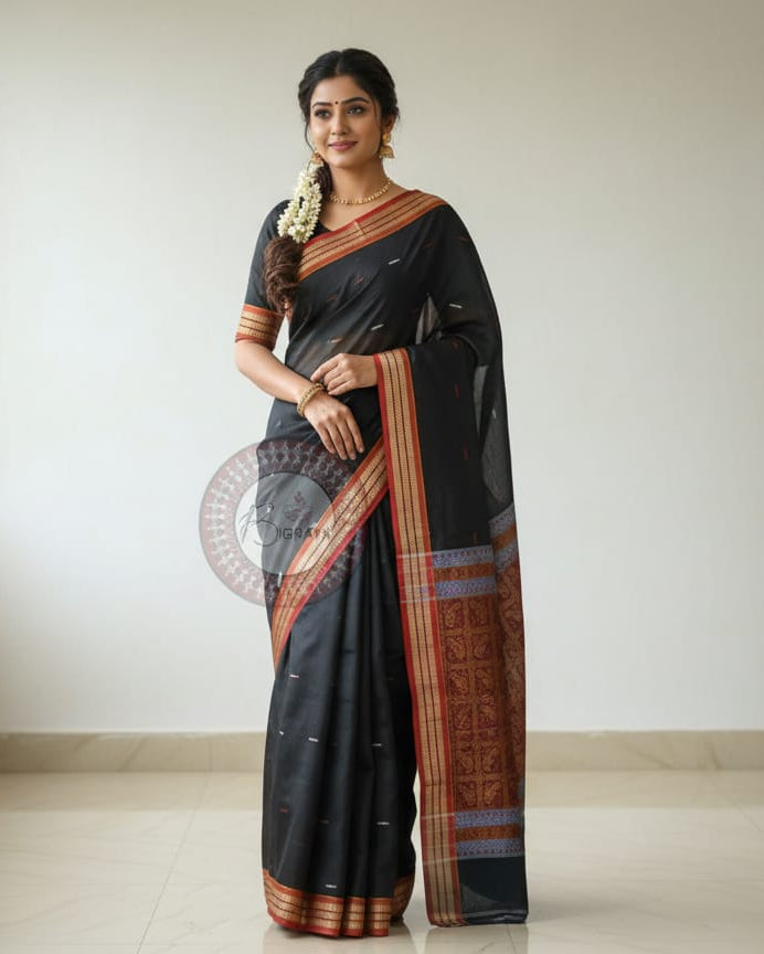 Black Maroon Handloom Bomkai Cotton Saree