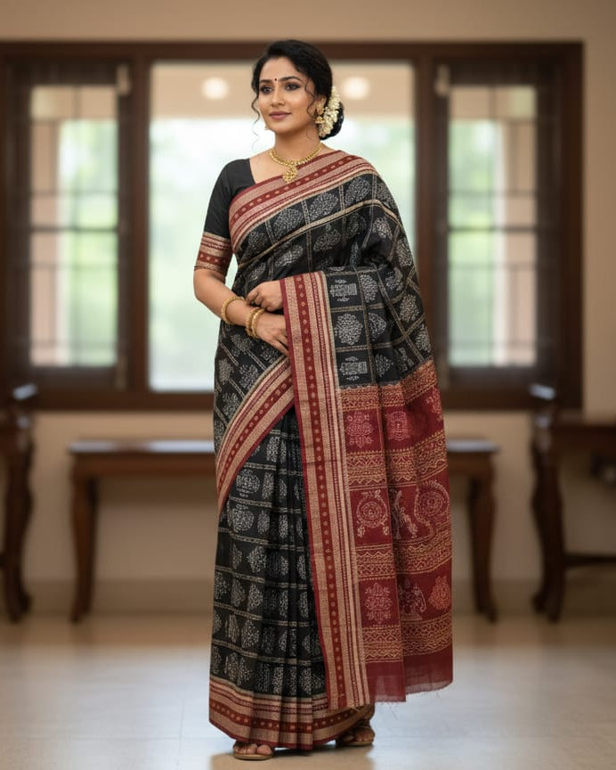 Black Maroon Tree Odisha Handloom Sambalpuri Cotton Saree