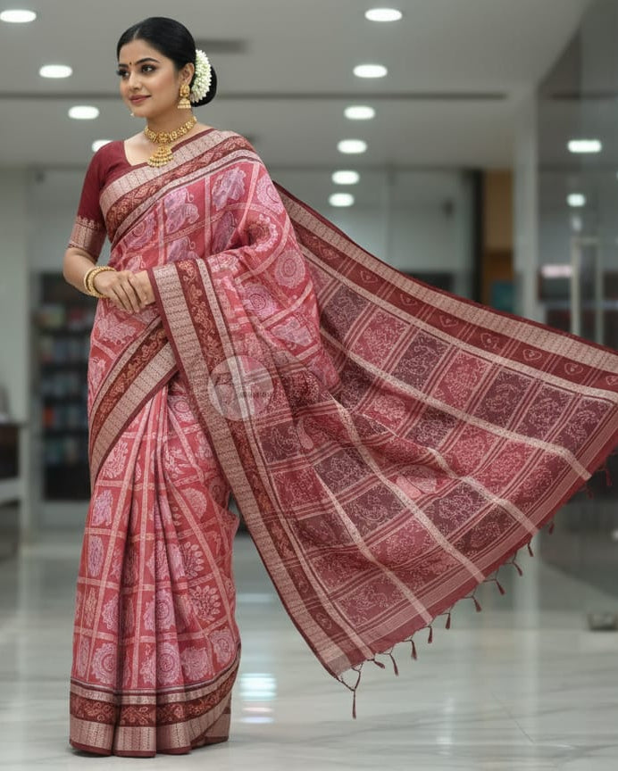 Maroon Coffee Lion And Lotus  Odisha Handloom Sambalpuri Cotton Saree