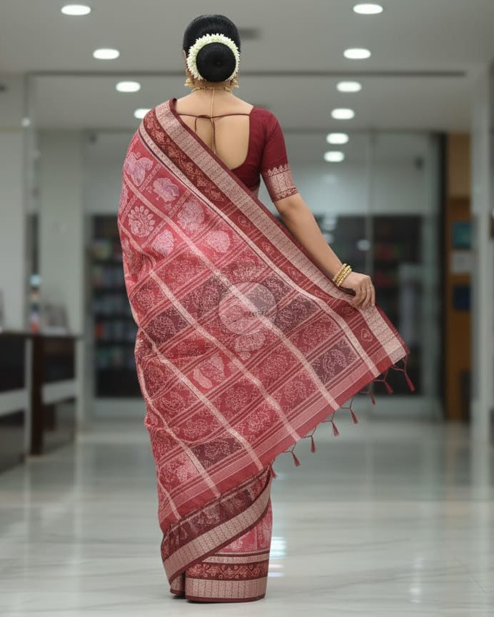 Maroon Coffee Lion And Lotus  Odisha Handloom Sambalpuri Cotton Saree