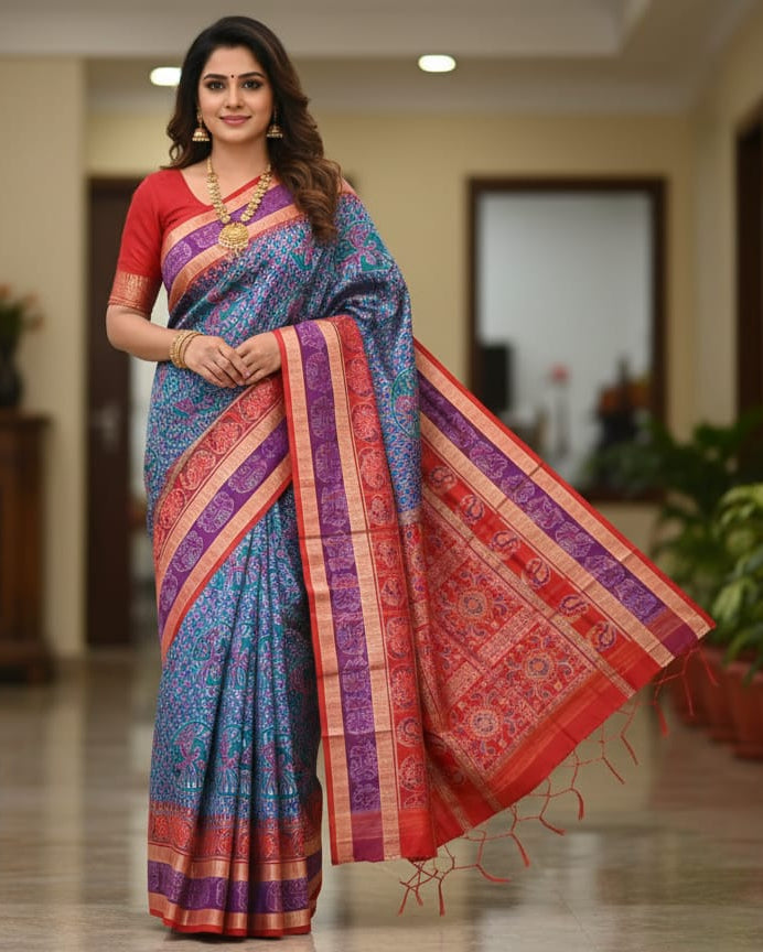 Blue Red Purple Peacock And Scot Elephant Design Odisha Handloom Sambalpuri Cotton Saree