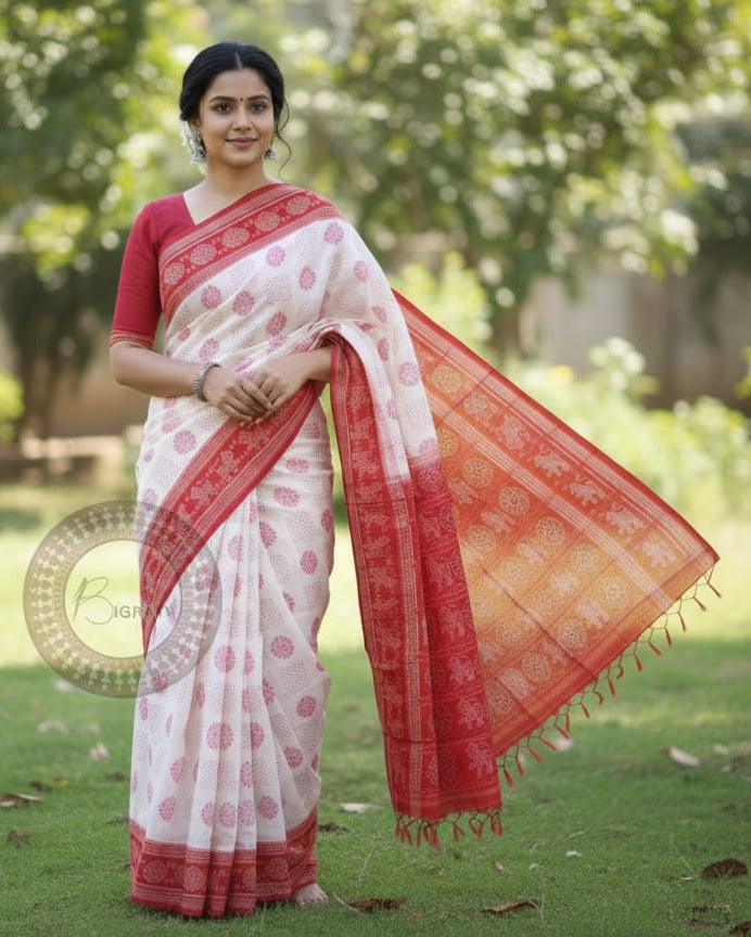 White Red Flower Design Odisha Handloom Sambalpuri Cotton Saree