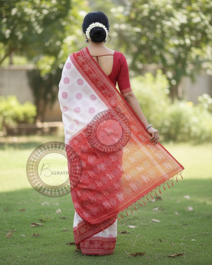 White Red Flower Design Odisha Handloom Sambalpuri Cotton Saree