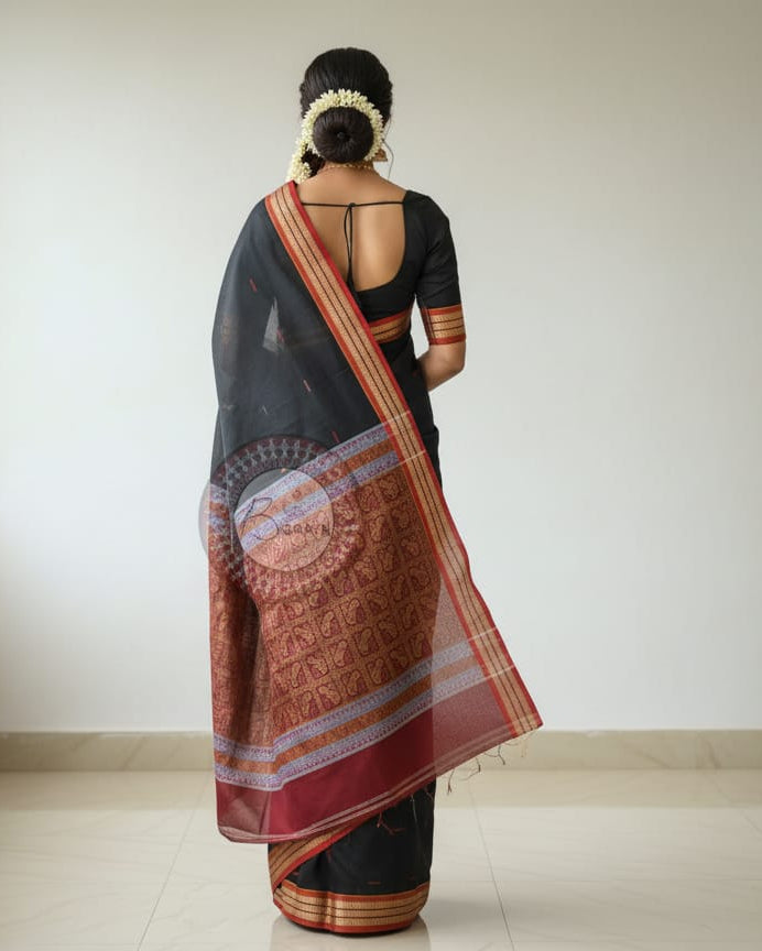 Black Maroon Handloom Bomkai Cotton Saree