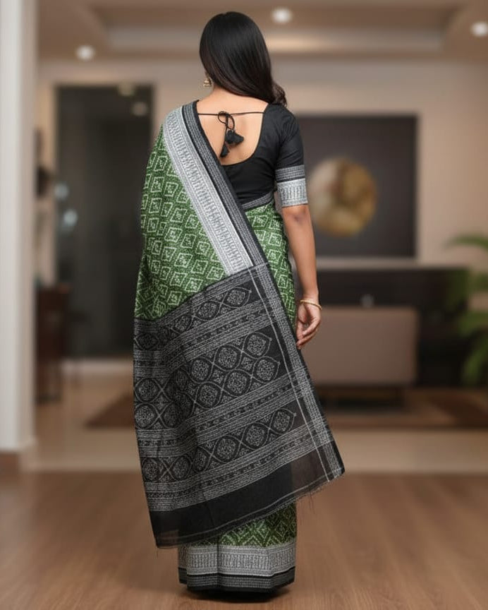 Mehendi Green Black Ikat Odisha Handloom Sambalpuri Cotton Saree
